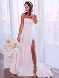 A-Line/Princess Satin Ruffles Strapless Sleeveless Sweep/Brush Train Wedding Dresses TPP0006459