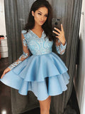 A-Line/Princess Satin V-Neck Long Sleeves Applique Short/Mini Dresses TPP0008107