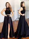 A-Line/Princess Sleeveless Halter Satin Beading Sweep/Brush Train Two Piece Dresses TPP0002028