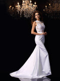 Trumpet/Mermaid High Neck Applique Sleeveless Long Satin Wedding Dresses TPP0006286