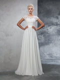 A-Line/Princess Sheer Neck Applique Short Sleeves Long Chiffon Wedding Dresses TPP0006193