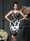 Sheath/Column V-neck Applique Sleeveless Short Satin Mother of the Bride Dresses TPP0007249