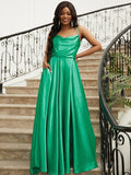 A-Line/Princess Silk like Satin Ruffles Spaghetti Straps Sleeveless Sweep/Brush Train Dresses TPP0001665