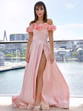 A-Line/Princess Satin Off-the-Shoulder Sleeveless Hand-Made Flower Sweep/Brush Train Dresses TPP0001505