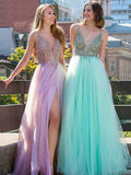 A-Line/Princess Sleeveless V-neck Floor-Length Beading Tulle Dresses TPP0003185