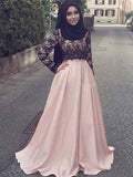 A-Line/Princess Long Sleeves Scoop Sweep/Brush Train Applique Satin Muslim Dresses TPP0003954