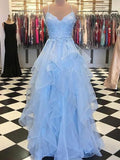 A-Line/Princess Sleeveless Spaghetti Straps Floor-Length Applique Tulle Dresses TPP0002788