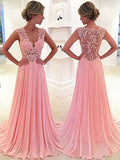 A-Line/Princess Sleeveless Chiffon Lace V-neck Sweep/Brush Train Dresses TPP0001695