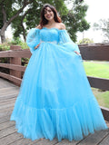 A-Line/Princess Off-the-Shoulder Tulle Applique Long Sleeves Floor-Length Dresses TPP0001492