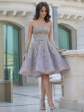 A-Line/Princess Strapless Sleeveless Lace Knee-Length Tulle Dresses TPP0007981