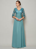 A-Line/Princess V-neck 3/4 Sleeves Lace Long Chiffon Mother of the Bride Dresses TPP0007274