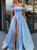 A-Line/Princess Sleeveless Off-the-Shoulder Sweep/Brush Train Ruffles Satin Dresses TPP0001609