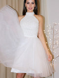 A-Line/Princess Sleeveless Halter Beading Tulle Short/Mini Homecoming Dresses TPP0004170