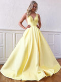 A-Line/Princess Satin Sleeveless Ruffles V-neck Sweep/Brush Train Dresses TPP0001784