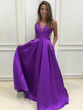 A-Line V-neck Sleeveless Sweep/Brush Train With Ruffles Satin Dresses TPP0002155