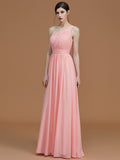 A-Line/Princess One-Shoulder Sleeveless Floor-Length Ruched Chiffon Bridesmaid Dresses TPP0005701