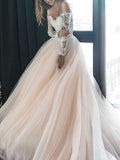 A-Line/Princess Off-the-Shoulder Long Sleeves Court Train Applique Tulle Wedding Dresses TPP0005949