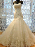 Trumpet/Mermaid Sweetheart Tulle Applique Sleeveless Court Train Wedding Dresses TPP0006373