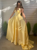 A-Line/Princess Satin V-neck Sleeveless Ruffles Sweep/Brush Train Dresses TPP0004623