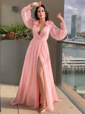 A-Line/Princess 3D Chiffon Ruffles V-neck Long Sleeves Sweep/Brush Train Dresses TPP0004661