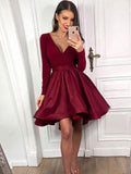 A-Line/Princess Ruffles Long Sleeves V-neck Satin Short/Mini Homecoming Dresses TPP0003990