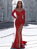 Trumpet/Mermaid Sweep/Brush Train Off-the-Shoulder Ruched Long Sleeves Satin Dresses TPP0001757