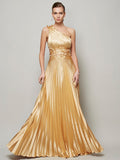 A-Line/Princess One-Shoulder Sleeveless Hand-Made Flower Long Elastic Woven Satin Dresses TPP0002421