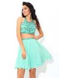 A-Line/Princess Sheer Neck Rhinestone Sleeveless Short Chiffon Two Piece Dresses TPP0008640