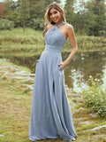 A-Line/Princess Chiffon Ruched Halter Sleeveless Sweep/Brush Train Bridesmaid Dresses TPP0005877