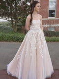 A-Line/Princess Strapless Sleeveless Floor-Length Applique Tulle Dresses TPP0002542