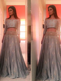 A-Line/Princess Off-the-Shoulder 3/4 Sleeves Floor-Length Beading Satin Two Piece Dresses TPP0002848