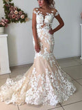 Trumpet/Mermaid Tulle Applique Bateau Short Sleeves Sweep/Brush Train Wedding Dresses TPP0006461