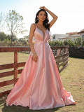 A-Line/Princess Satin Ruched V-neck Sleeveless Sweep/Brush Train Dresses TPP0001442