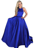 A-Line/Princess Halter Sleeveless Sweep/Brush Train Beading Satin Dresses TPP0002641