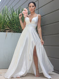 A-Line/Princess Satin Ruched V-neck Sleeveless Sweep/Brush Train Wedding Dresses TPP0007022