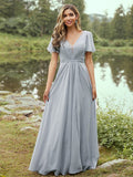 A-Line/Princess Chiffon Ruffles V-neck Short Sleeves Floor-Length Bridesmaid Dresses TPP0004977