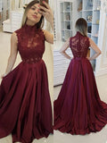 A-Line/Princess Sleeveless High Neck Sweep/Brush Train Applique Satin Dresses TPP0002368