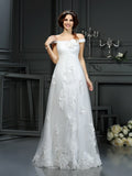 A-Line/Princess Off-the-Shoulder Applique Sleeveless Long Net Wedding Dresses TPP0006661