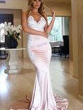 Trumpet/Mermaid Sweetheart Sleeveless Applique Sweep/Brush Train Satin Dresses TPP0002588