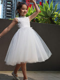 A-Line/Princess Tulle Lace High Neck Sleeveless Knee-Length Flower Girl Dresses TPP0007488