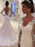 Trumpet/Mermaid Long Sleeves V-neck Court Train Lace Wedding Dresses TPP0006161