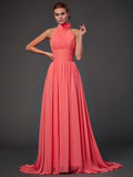 A-Line/Princess Halter Sleeveless Hand-Made Flower Long Chiffon Bridesmaid Dresses TPP0004909