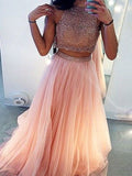 A-Line/Princess Sleeveless High Neck Tulle Beading Sweep/Brush Train Two Piece Dresses TPP0002077