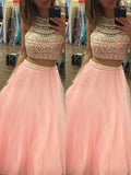 A-Line/Princess Halter Sleeveless Tulle Floor-Length Beading Two Piece Dresses TPP0002073