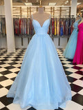 A-Line/Princess Floor-Length V-neck Sleeveless Tulle Ruffles Dresses TPP0001861