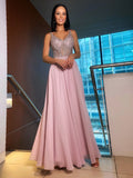 A-Line/Princess Chiffon V-neck Sleeveless Beading Floor-Length Dresses TPP0003642