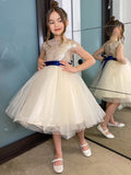 A-Line/Princess Tulle Sash/Ribbon/Belt Scoop Short Sleeves Knee-Length Flower Girl Dresses TPP0007482