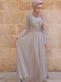 A-Line/Princess Long Sleeves Scoop Sweep/Brush Train Crystal Tulle Muslim Dresses TPP0003330