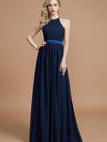 A-Line/Princess Halter Sleeveless Ruched Floor-Length Chiffon Bridesmaid Dresses TPP0005700