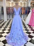 A-Line/Princess Satin Hand-Made Flower V-neck Sleeveless Sweep/Brush Train Dresses TPP0001842